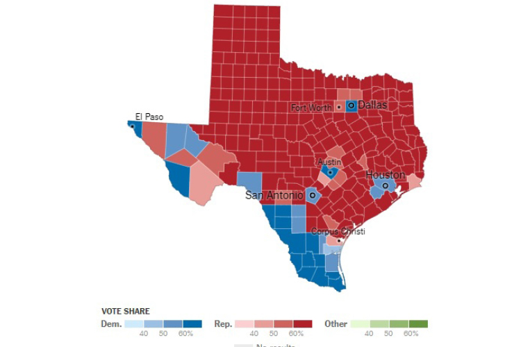 텍사스의 지난 2016년  대선 결과표 -- 일부 대도시권 및 국경 지대외에는 거의 트럼프 대통령을 지지했다