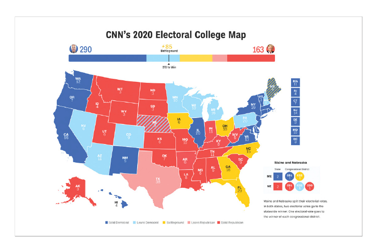 트럼프 대통령과 조 바이든 민주당 대선 후보의 선거인단 투표 결과를 예측한 CNN 자료-CNN은 바이든 후보가 확실한 지지 203표+친민주당 87표를 얻을 것이라고 분석했다.