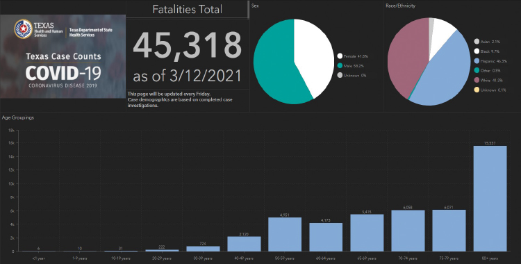 텍사스의 연령별 코로나 19 사망자 그래프