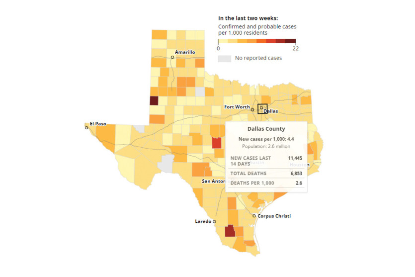 지난 2주간 보고된 달라스 카운티의 코로나 19 신규 사례 비율