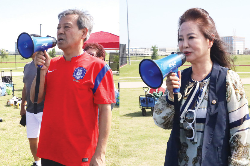 달라스축구협회의 김흥수 회장이 인사말을 전했다. / 달라스한인회 유성주회장이 응원사를 전했다.