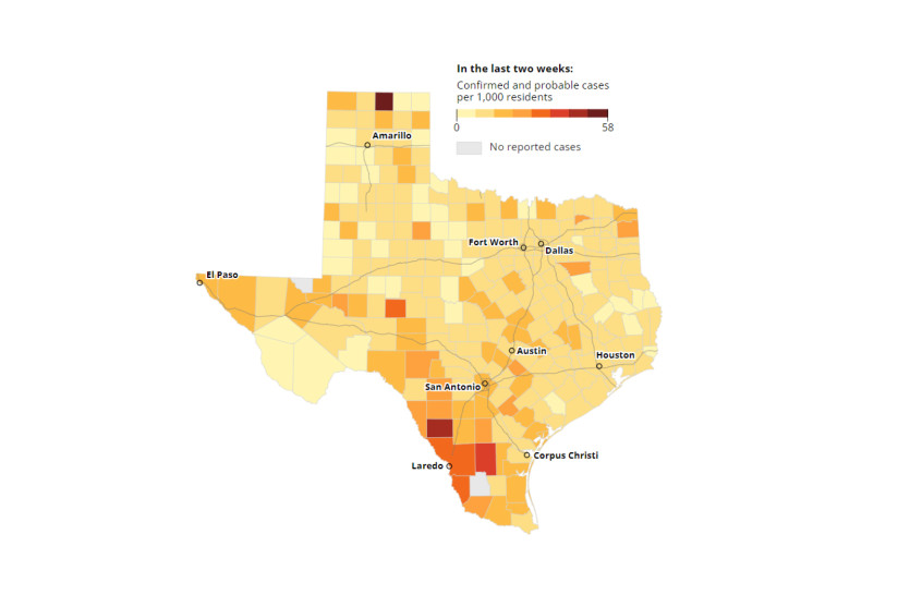 최근 2주간 텍사스의 코로나 19 양성율은 일부 지역을 제외하고 위험선인 20%미만으로 보고되고 있다.  [텍사스 트리뷴 제공]